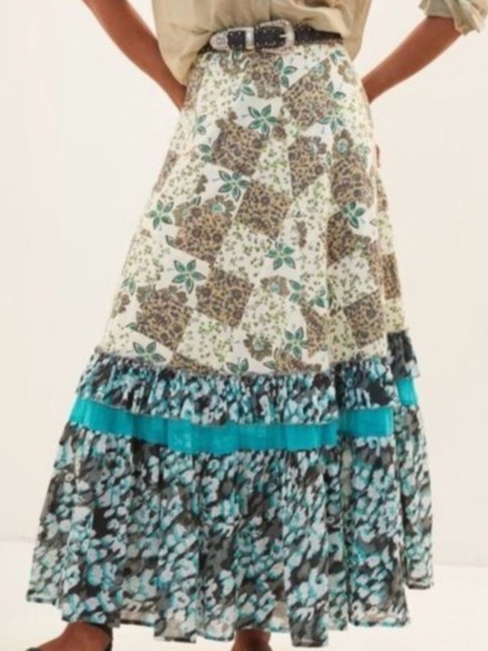 Anthropologie RAGA Floral Patchwork Maxi Skirt Blue Multi Size Small